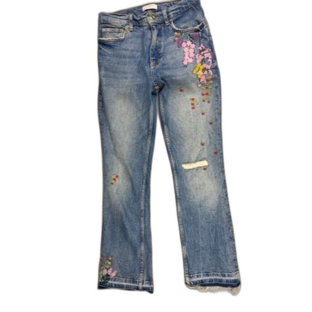 Zara Size 2 Womens Straight Jeans Mid Rise Embroidery Distress Raw Hem Stretch